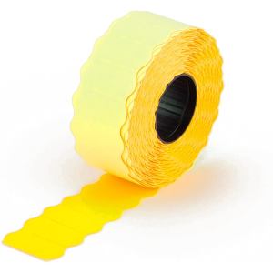 10 Rotoli Etichette adesive per prezzatrice misura 26x16mm | Adesivo permanente sagomato a onda in carta colore Giallo fluorescente | 10.000 etichette per data di scadenza, prezzo e codice articoli